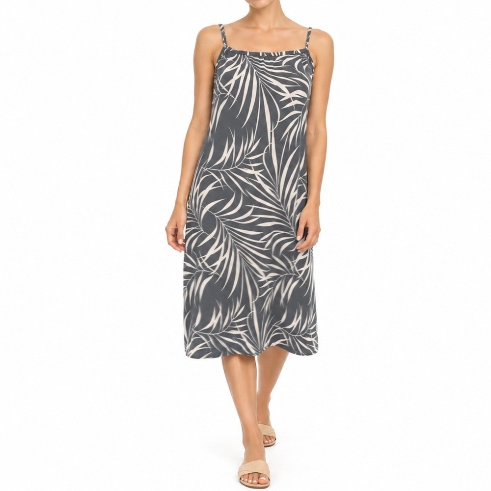 NaPua Collection Dress Womens M Grey Tropical Palm Leaf Rayon Midi Sundress Bali